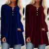Women Velvet Shirt V-Neck Buttons Half Placket Long Sleeve Asymmetric Hem Pullover Tops Solid Color Mid-length Blouse