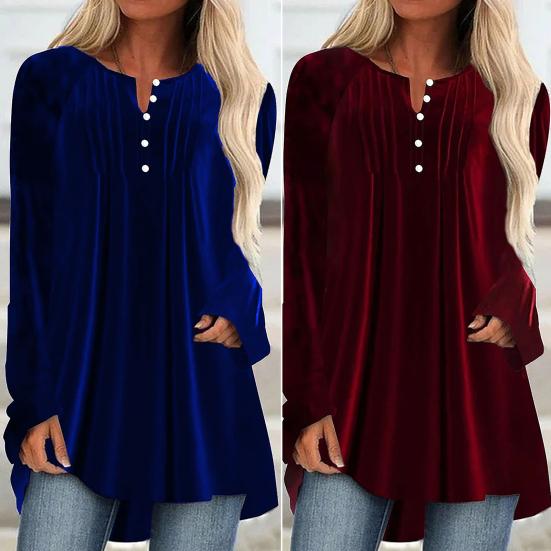 Women Velvet Shirt V-Neck Buttons Half Placket Long Sleeve Asymmetric Hem Pullover Tops Solid Color Mid-length Blouse