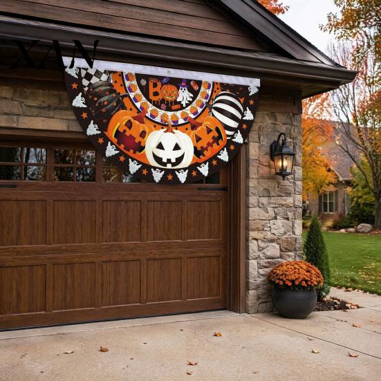 Outdoor Halloween Decorations Semi Circle Bunting Banner, Pumpkin Bat Porch Yard Decor, Durable Event Banner Spooky Festive Hanging Flag for