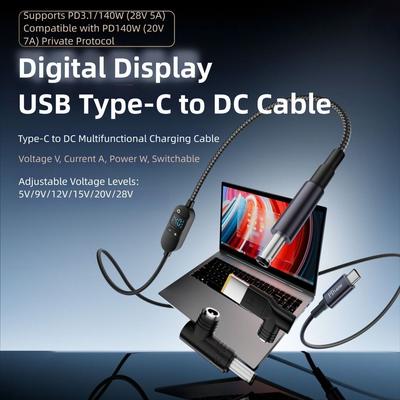 Цифровой дисплей USB C на DC PD Адаптерный кабель 5В/9В/12В/15В/20В Регулируемый преобразователь напряжения Универсальный