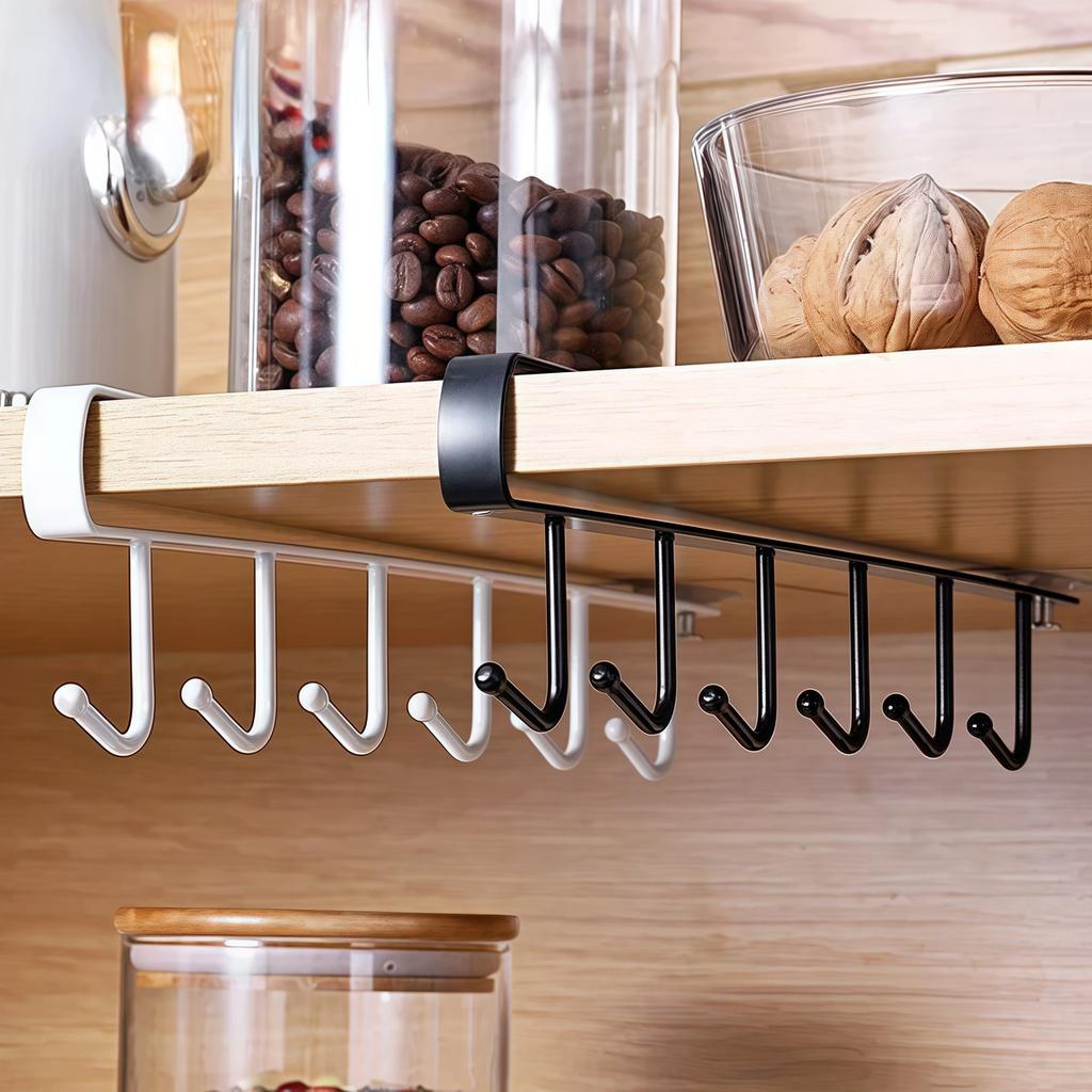 1pcs 6-Hook Coffee Cup Mug Holder Black/White Multi-Function Kitchen Bathroom Household Organizer Storage Hanger with Shelf