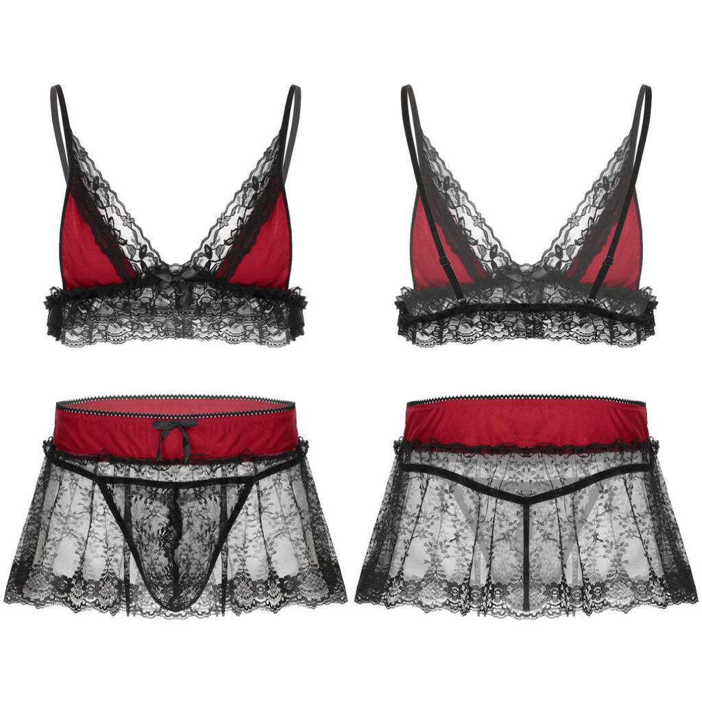 Mens Lingerie Bra Set Ruffles Lace Nightie Dress Sissy Panties Nightwear Crossdress Bra