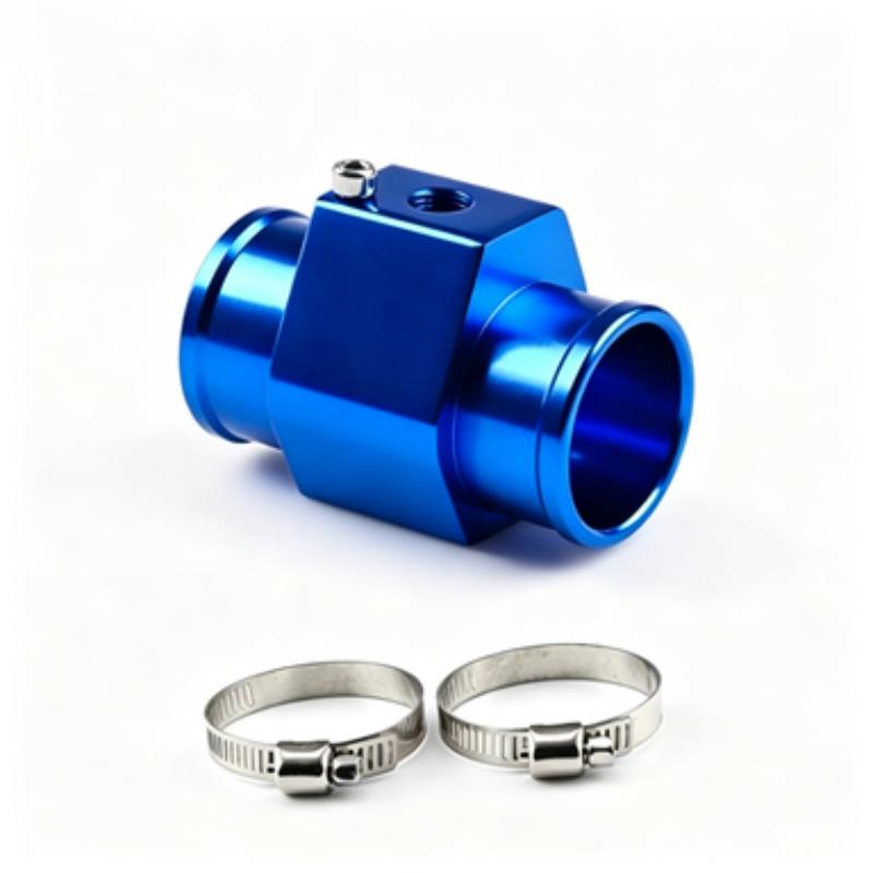 Water Temperature Sensor Tee Aluminum Alloy Blue 32mm Hose Connector with Clamps