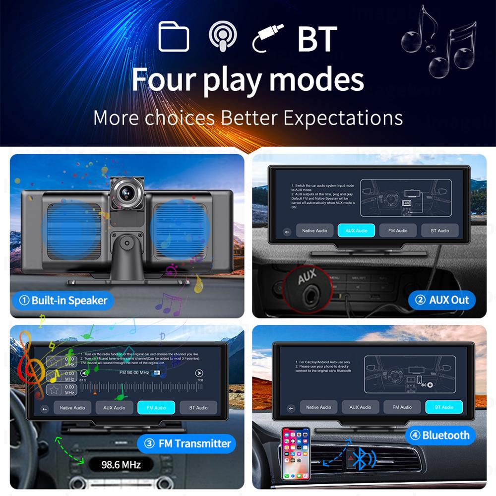 10,26-дюймовый видеорегистратор DVR Car Carplay android auto беспроводной видеорегистратор с двумя объективами BT FM AUX 64G OBD мониторинг парковки