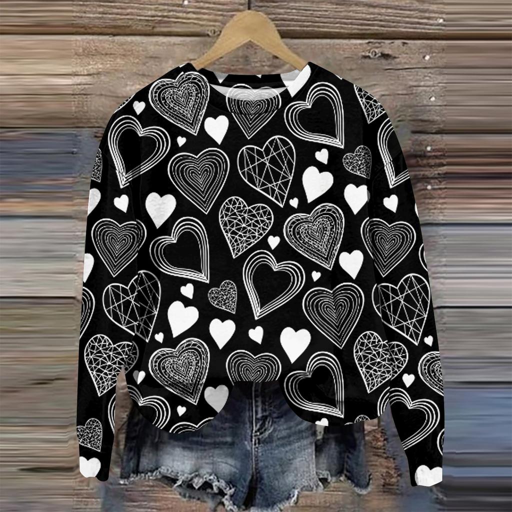 Женская мода День святого Валентина Печатный длинный рукав свободный круглый вырез толстовка Топ осень