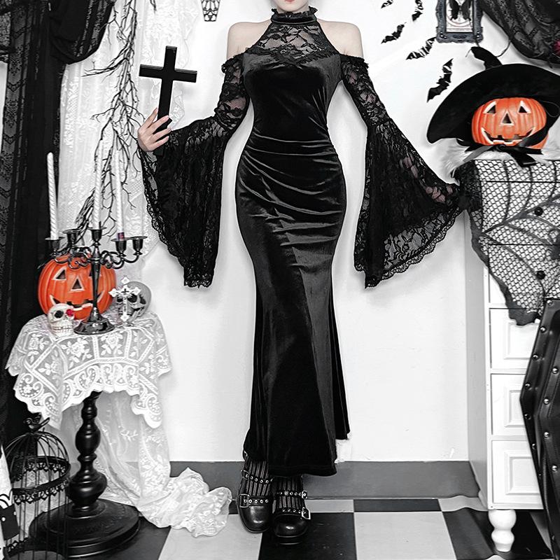 AltGoth Palace Style Готическое бархатное платье для женщин Хэллоуин Fairycore Grunge кружевное пэчворк халтер с высокой талией корсетное платье праздничная одежда