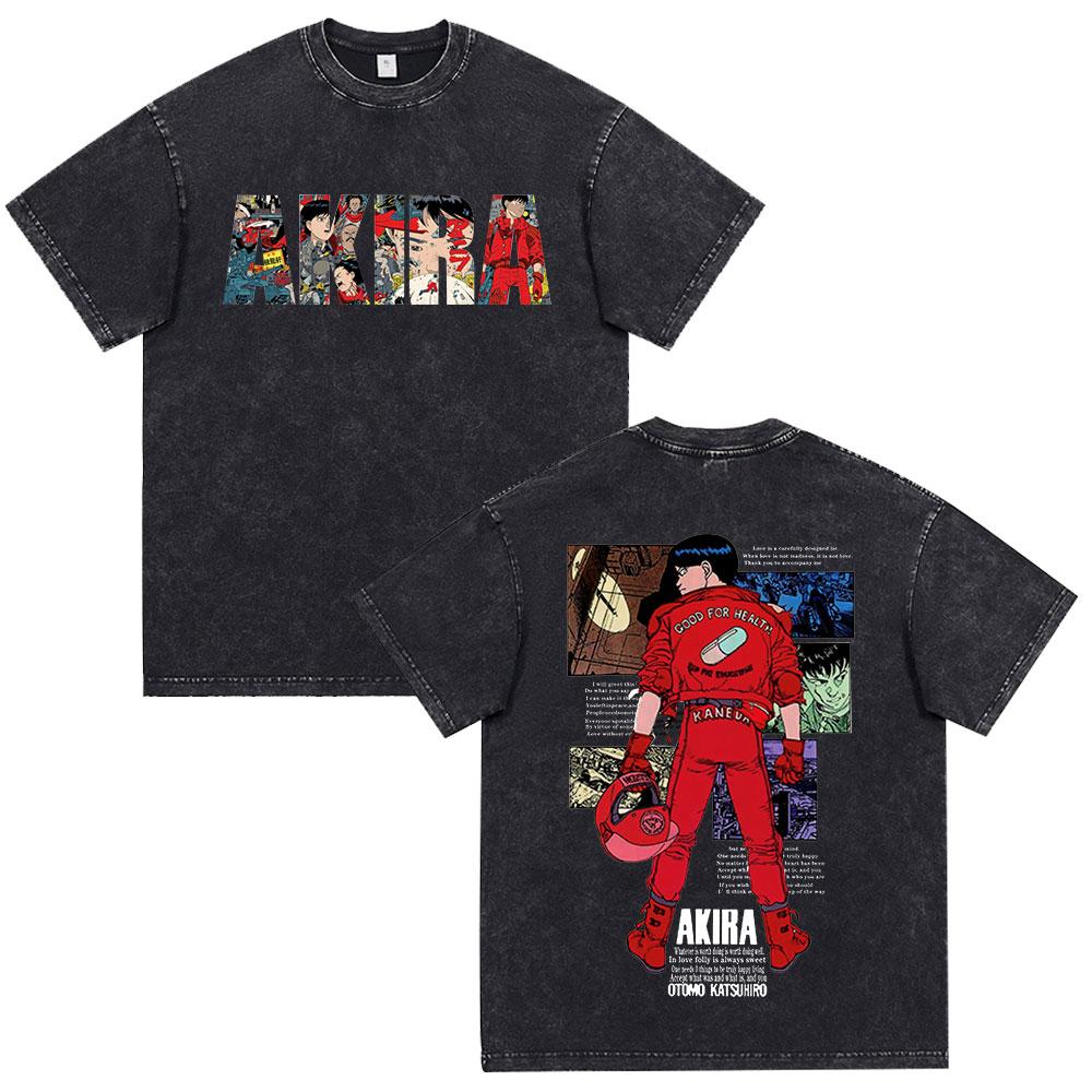 Akira Anime Tshirt Men Vintage Washed Black Oversized Streetwear Cotton Short Sleeve Graphic Tees Unisex Tops