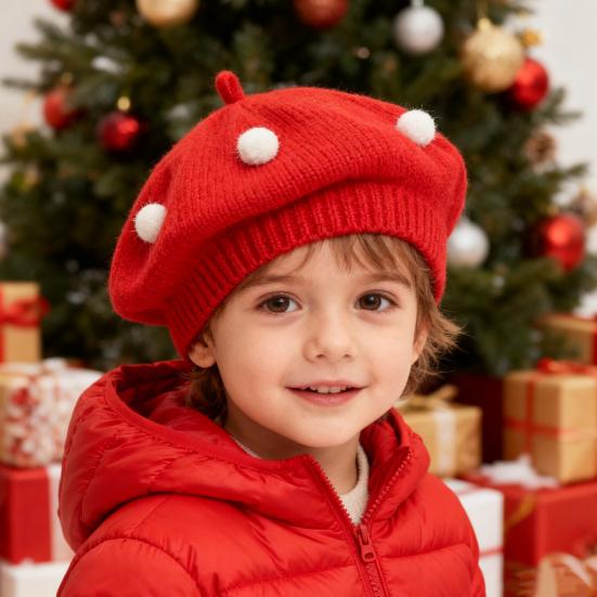 Французский Стиль Берет Шляпа Плюшевый Помпон Декор Детский Берет Шляпа с Противоскользящим Дизайном Эластичная Посадка Теплая Вязаная Шапка Осень Зима Головной Убор