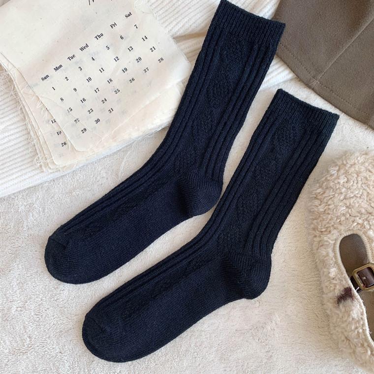 Толстые носки средней длины с ромбовидной сеткой, женские, белые, утолщенные, теплые, однотонные, повседневные, хлопковые носки в стиле колледжа