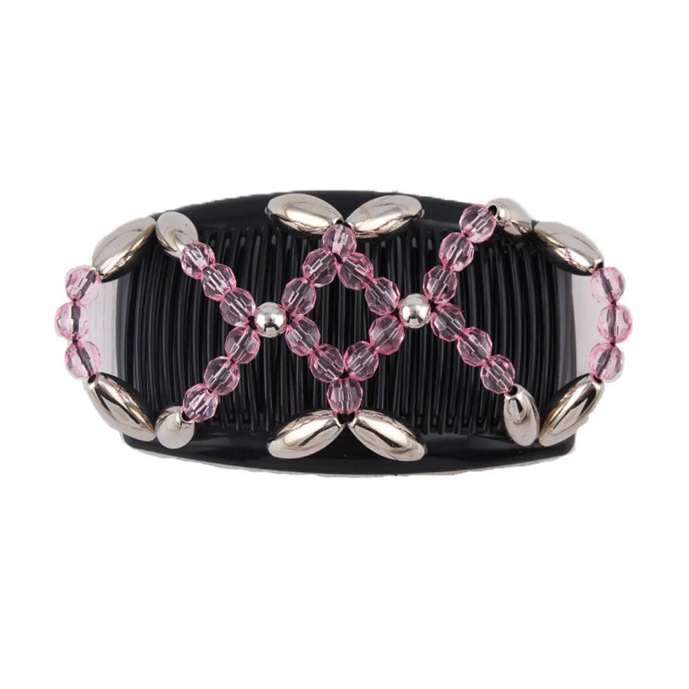 Большой ручной эластичный гребень для волос с бусинами и цветочным украшением - Универсальный двухрядный вкладыш для укладки и создания пучков