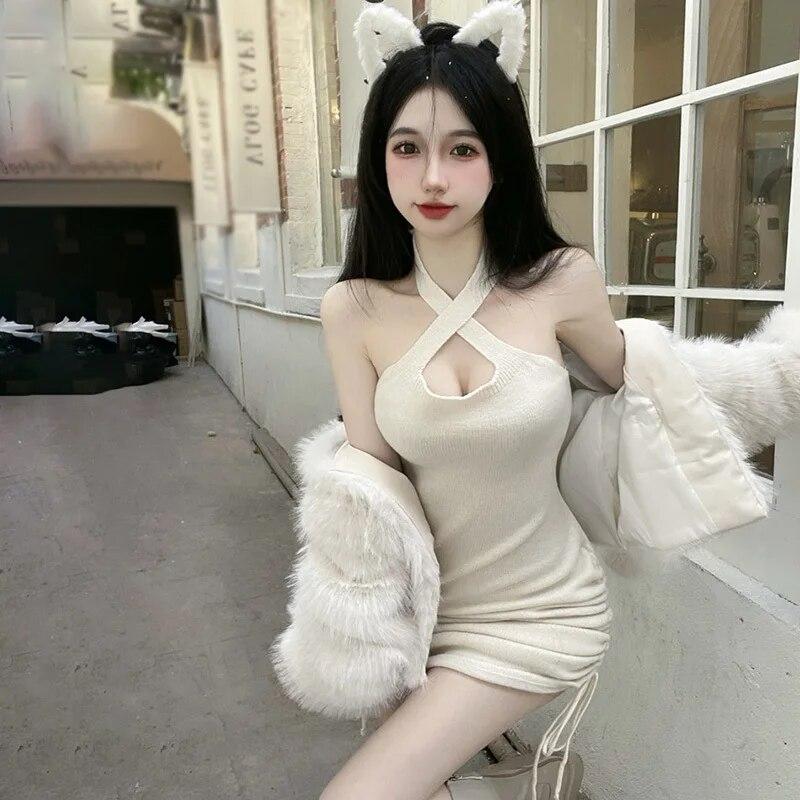 Женское платье с открытой спиной, трикотажное платье на бретельках, тонкое платье