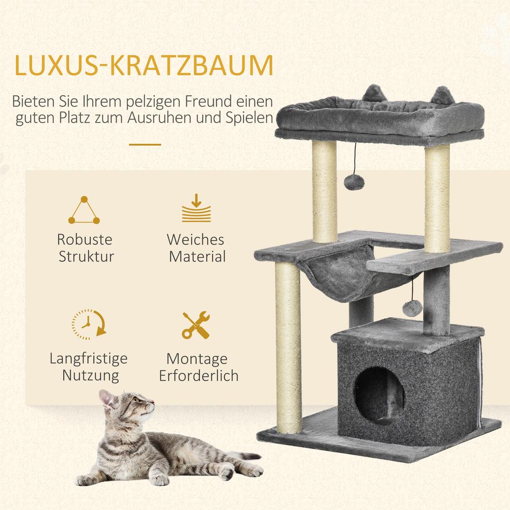 Cat Tree 90 cm Cat Tower with Hammock, Cave, 2 Plush Balls, Sisal Posts, Platforms, Multi-Level Cat Scratching Tree, Climbing Tree
