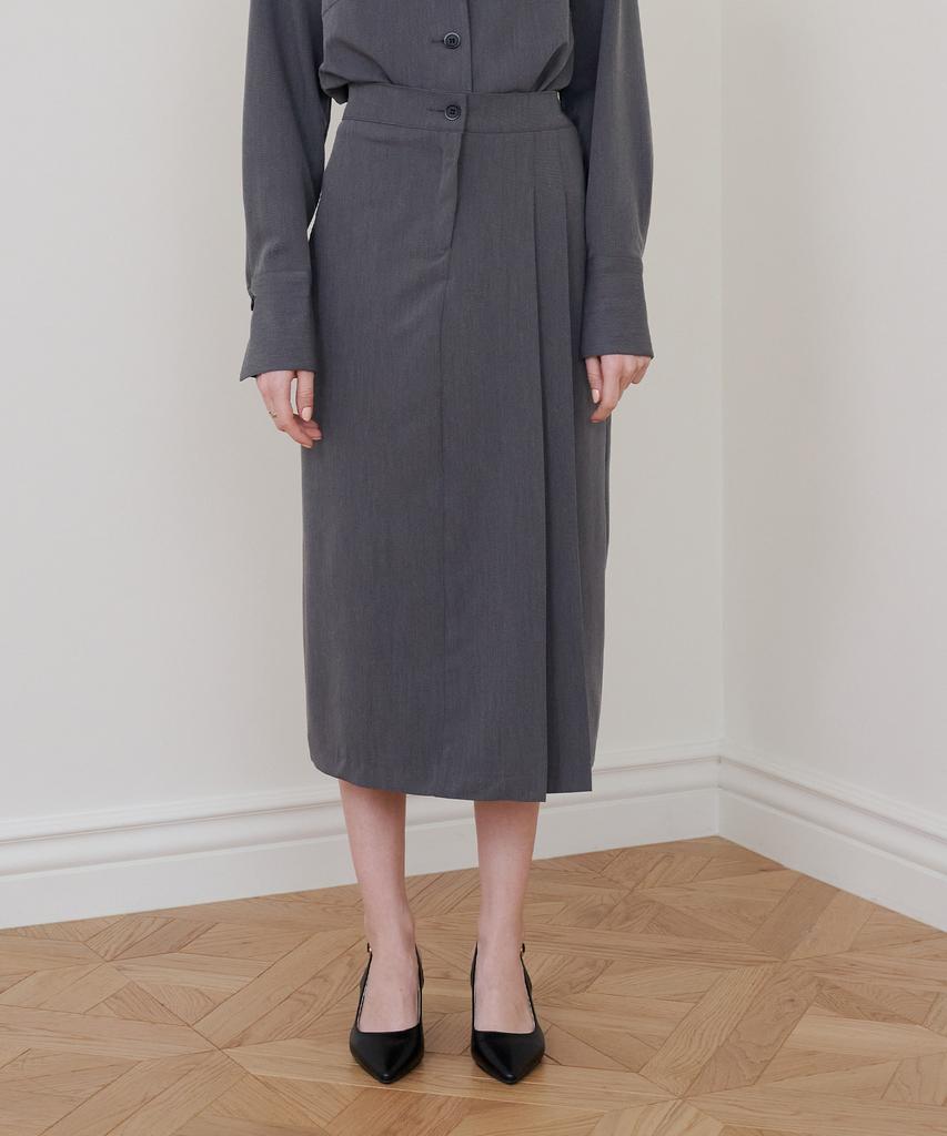 Bye Bye Seop [Set] Tailored Overjacket Shirt + Side-Tuck Long Skirt Charcoal