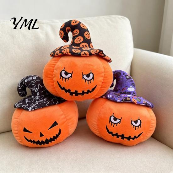 Creative Halloween Holiday Gift Pumpkin Plush Toy, Cute Wizard Hat Stuffed Animal Pillow for Smiling Plushie Sofa Bed, Spooky Home Decor Ornament