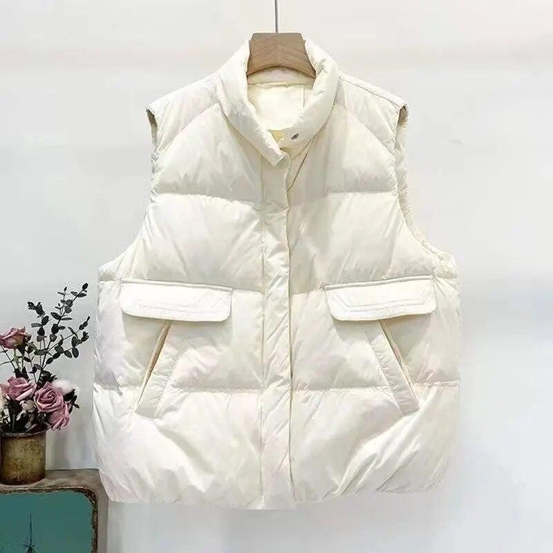 Осень-зима, тонкий пуховик, женский короткий теплый базовый однотонный воротник-стойка, свободный корейский жилет, повседневный жилет с карманами
