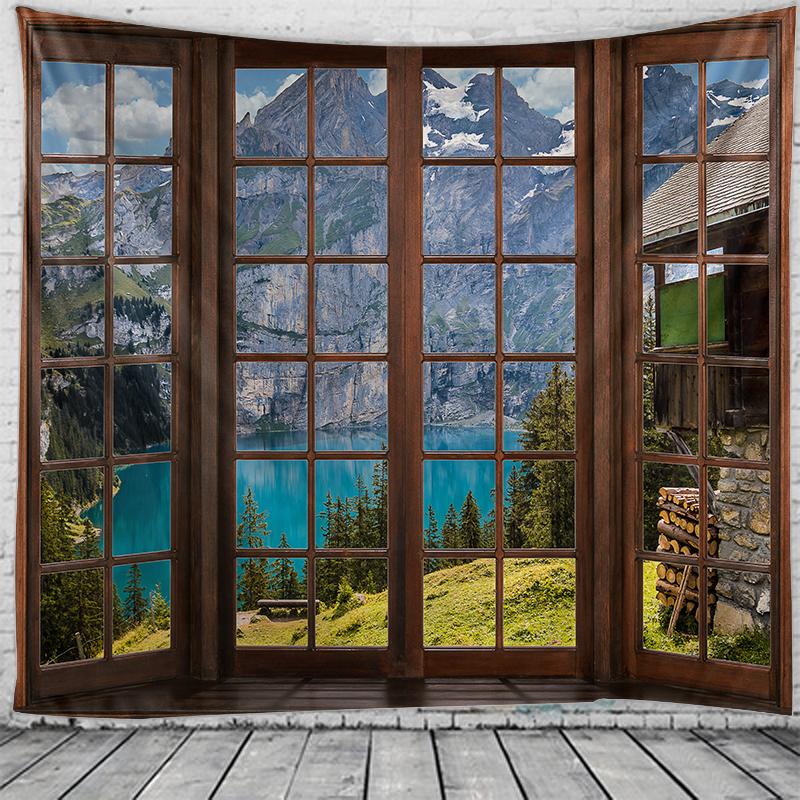 Окно дома арт-деко гобелен психоделическая сцена хиппи богемные украшения листы коврик для йоги украшение стены спальни