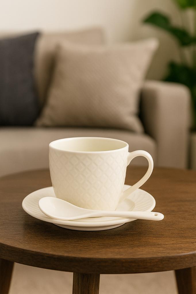 White Porcelain Cup with Saucer and Spoon 210ml in a Box