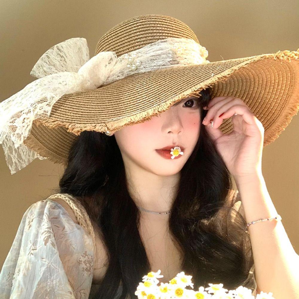 French Style Bow Ribbon Straw Hat Big Brim Women's Sun Hat Elegant Lace Pearls Straw Hat Travel