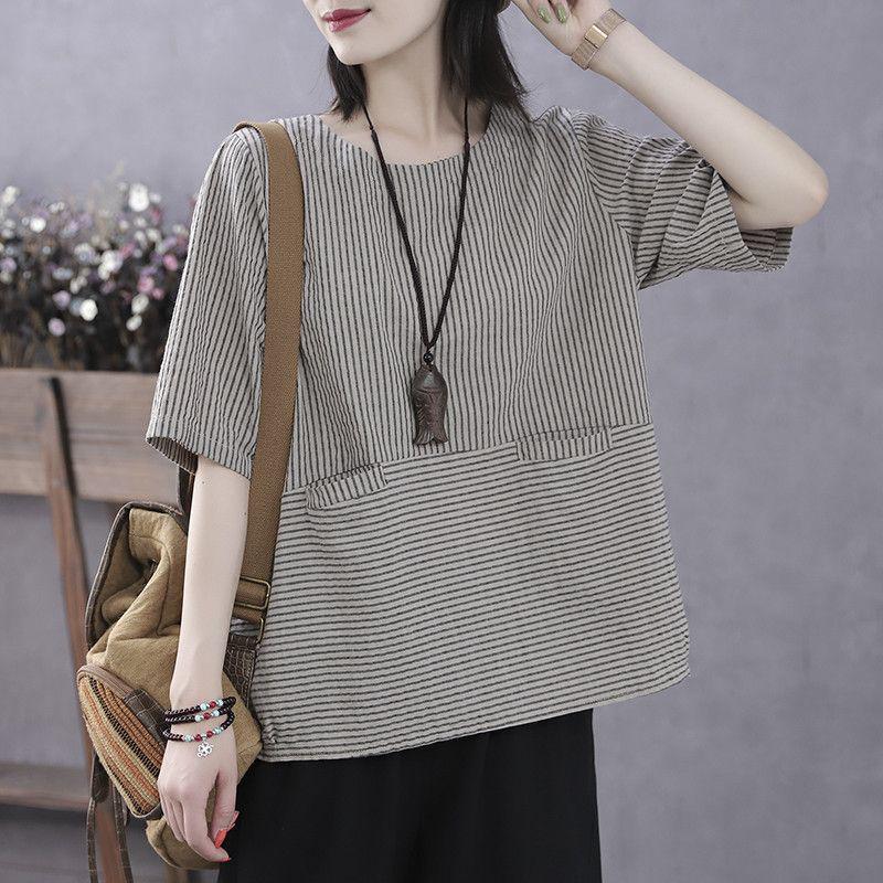 Летняя футболка в корейском ретро-стиле в полоску - с коротким рукавом, свободного кроя, женский повседневный топ большого размера