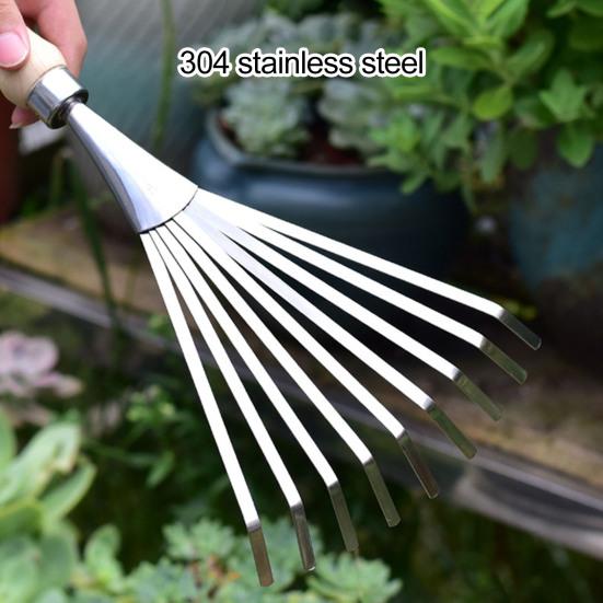 Грабли садовые из нержавеющей стали с деревянной ручкой, 9-зубчатые ручные грабли для газона, сада, цветников, листьев и мусора