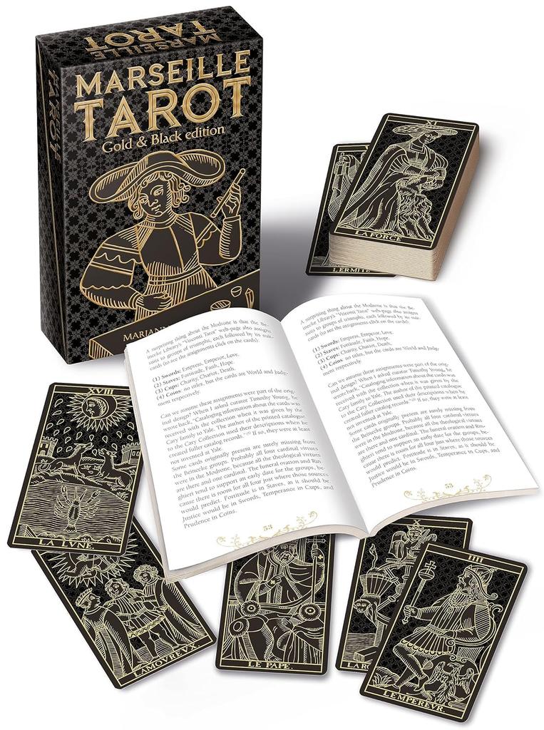 Kancharo 78-Card Tarot Card Set [Tarot of Marseille Gold & Black Edition] Includes Japanese Tarot Card Instructions & Pouch (Authentic)