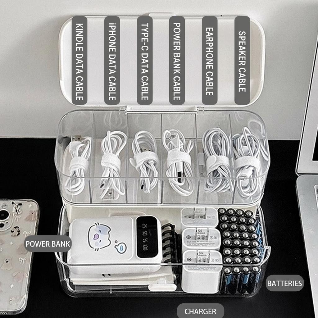 Double Layer Transparent Cable Organizer Box PP Material Dustproof Data Cable Storage Container for Desktop Office Home Dorm