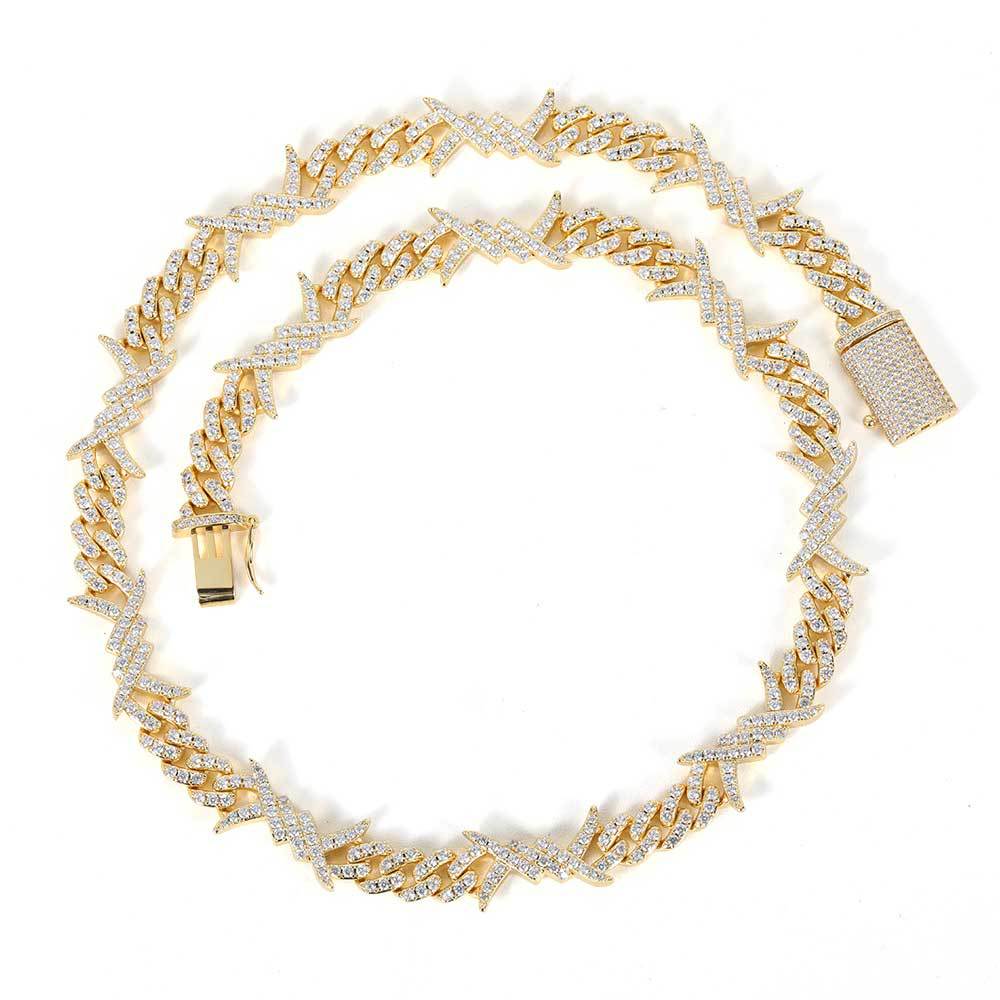 European Hip Hop Simple Personality Iron Wire Chain Zircon Cuban Link Chain Real Gold Electroplated Hiphop Thorn Bracelet Necklace