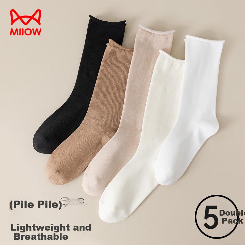 MiiOW Women's Socks, Autumn And Winter Thin Cotton Deodorant Mid-Calf Socks, Slouchy Socks with Rolled Edges, Sweet Style, 5 Pairs Set