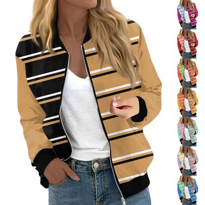 Женская модная повседневная полосатая куртка с принтом в стиле пэчворк на молнии с карманами