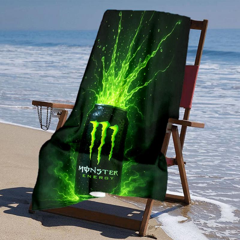 Пляжное полотенце с рисунком логотипа Monster Energy - мягкое, впитывающее, быстросохнущее, можно стирать в машине - идеально для плавания, кемпинга, купания