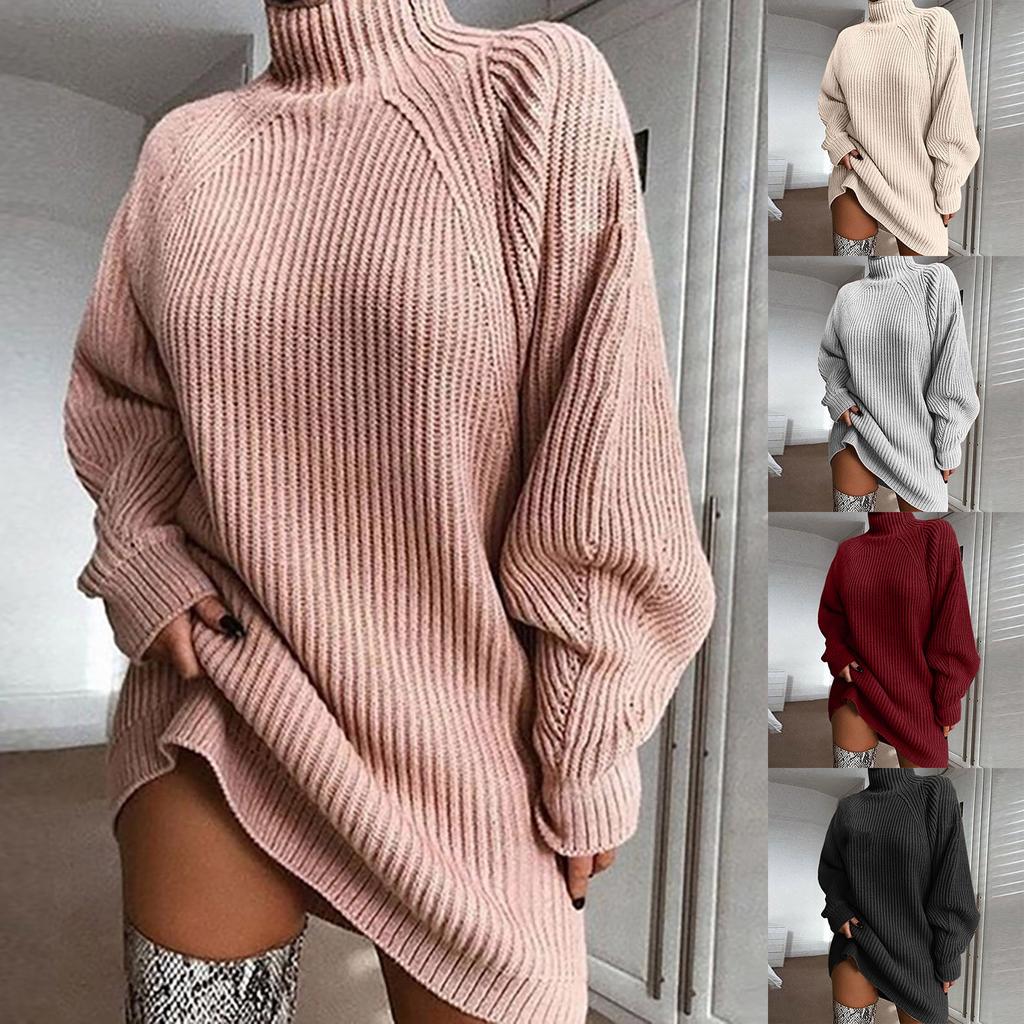 Women's Fashion Casual Knitting Solid Color Long Sleeve Turtleneck Sweater Dress