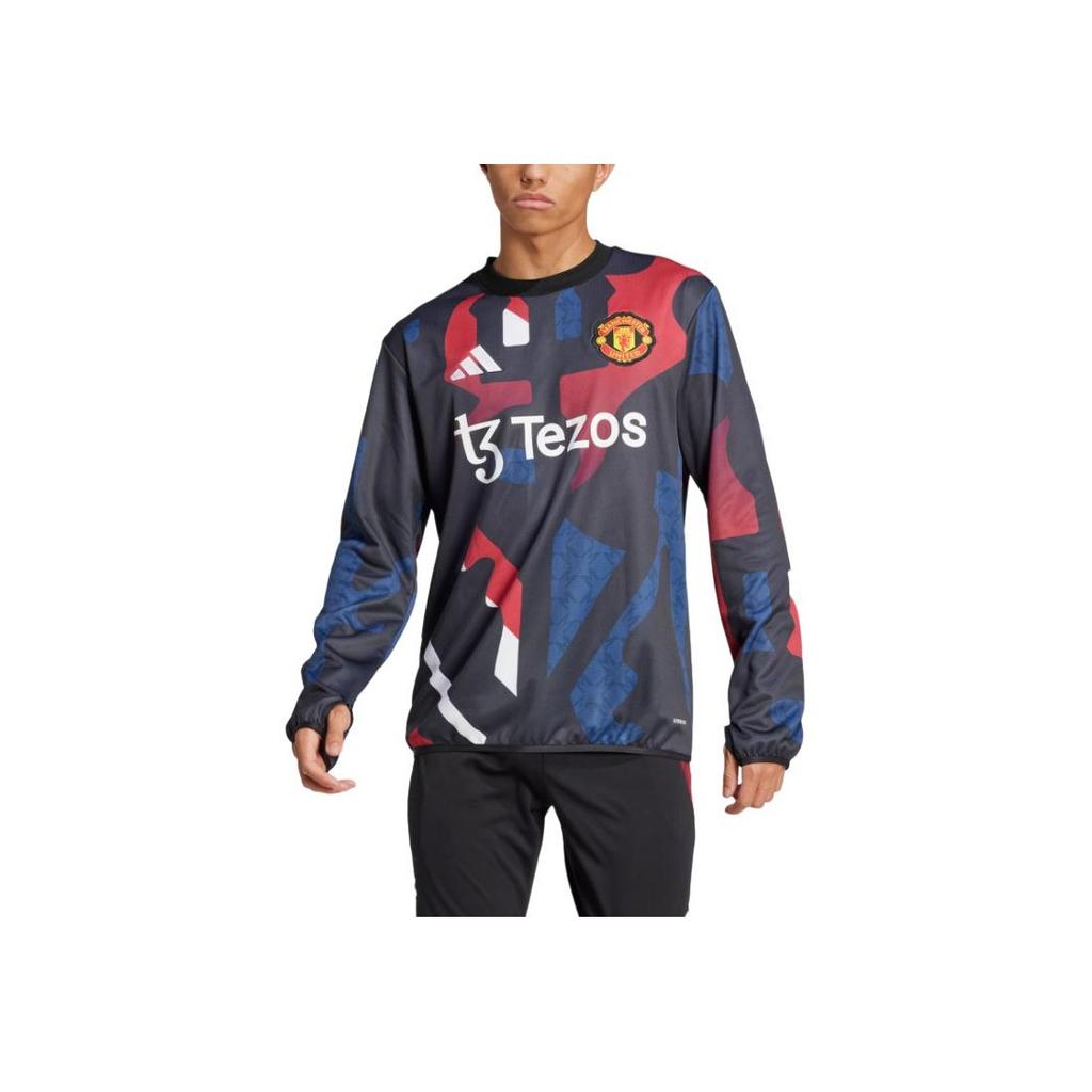 adidas MUFC Pre Warm Top Удобная футболка с круглым вырезом и длинным рукавом Мужские топы Черный Красный Han-Jade-Белый JD7145