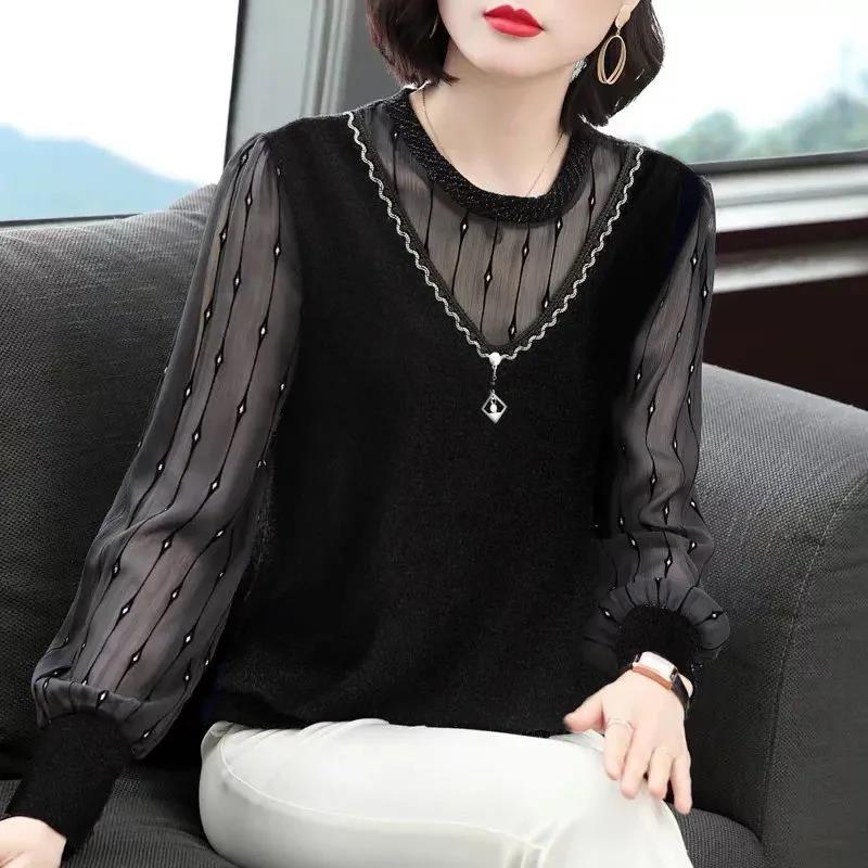 Women's Spring and Autumn Four Seasons Models Thin Section Round Neck Solid Colour Long-sleeved Loose Pullover Lace Bottoming Blouse