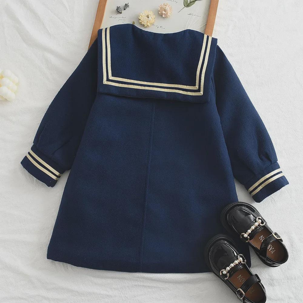2023 Осень/Зима Женское Темно-синее Шерстяное Пальто - Корейский Стиль С Длинными Рукавами В Колледже