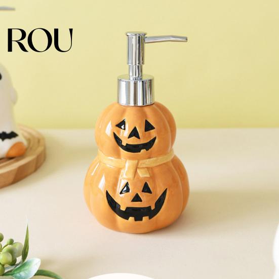 Empty Lotion Container Halloween Ceramic Ghost Soap Dispenser, with Stainless Steel Pump, Pumpkin Refillable Hand Bottle Liquid Container, Shower Gel
