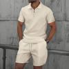 Men's Waffle Zipper Solid Color Short Sleeve Shorts Casual Suit