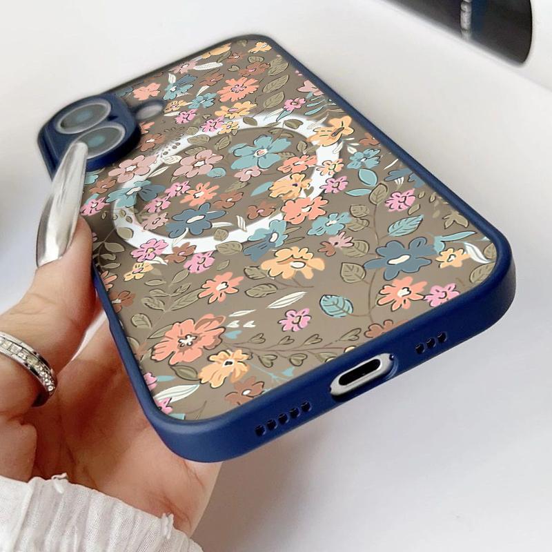 Магнитный чехол с узором из оранжевого цветка для iPhone 16 Pro 15 14 Plus 13 12 Pro Max 11, ударопрочный, прозрачный, с мягкими краями, акриловый, жесткий, защитный чехол для линз