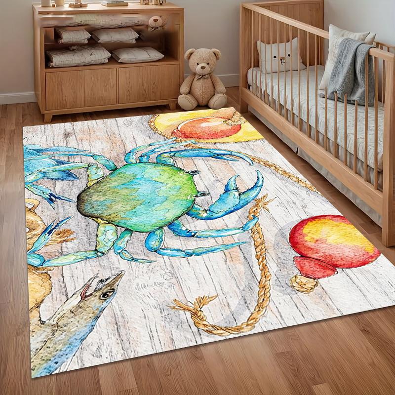 White Blue Crab Watercolor Area Rug for Living Room Bedroom Coastal Nautical Beach Home Decor Soft Non Slip Washable Floor Mat