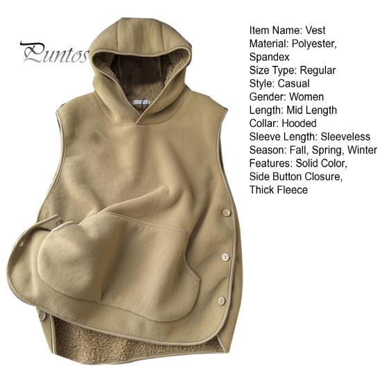 Women Fall Winter Vest with Hooded Side Button Closure Fleece Thermal Isolation Solid Color with Front Pocket Casual Daily Hoodie Top