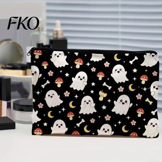 Non Fading Pattern Pouch Cosmetic Bag, Halloween Print Makeup Canvas Durable Data Cable Organizer Zipper Pouch, for Change Storage Anti Pilling Bag