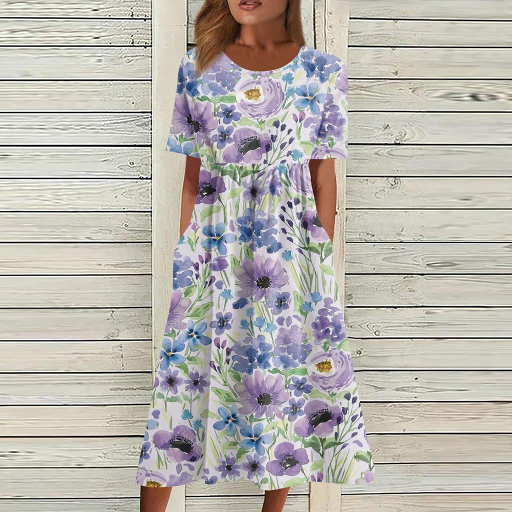 Жен. Повседневные платья Платья с принтами Летние платья С принтами Плиссированные платья-миди с круглым вырезом Классический Классический На открытом воздухе Повседневные С короткими рукавами Свободные платья