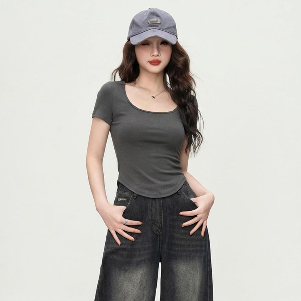 Irregular shoulder length short sleeved shirt with thickened inner lining, slim fit bottom T-shirt for upper garment