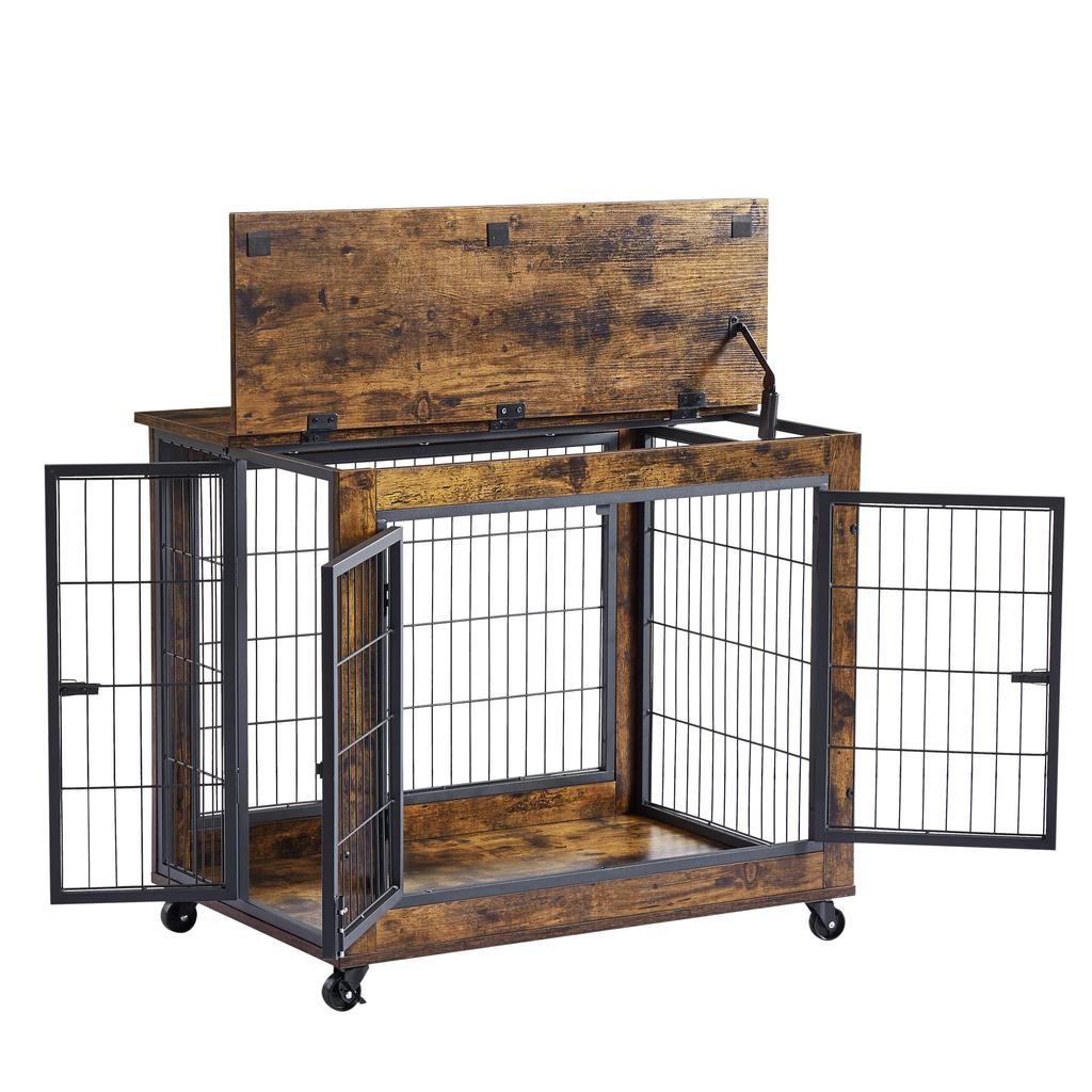 Dog Crate, Wooden Kennel Table with Double Door, Indoor Dog House with Hinged Roof, with Casters for Easy Mobility, Vintage Brown, 80*56*69.5cm