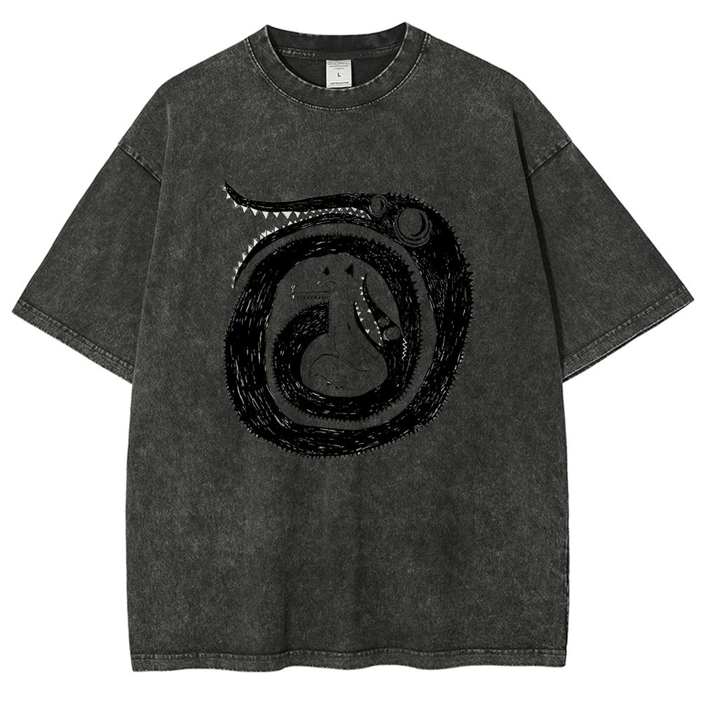 Abstract Black Cartoon Fox Print Women's T-Shirt Unisex Crew Neck Wash Loose Short SleeveDesign Sense