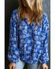 Azura Exchange Blue Floral Notched V-Neck Long Sleeve Blouse