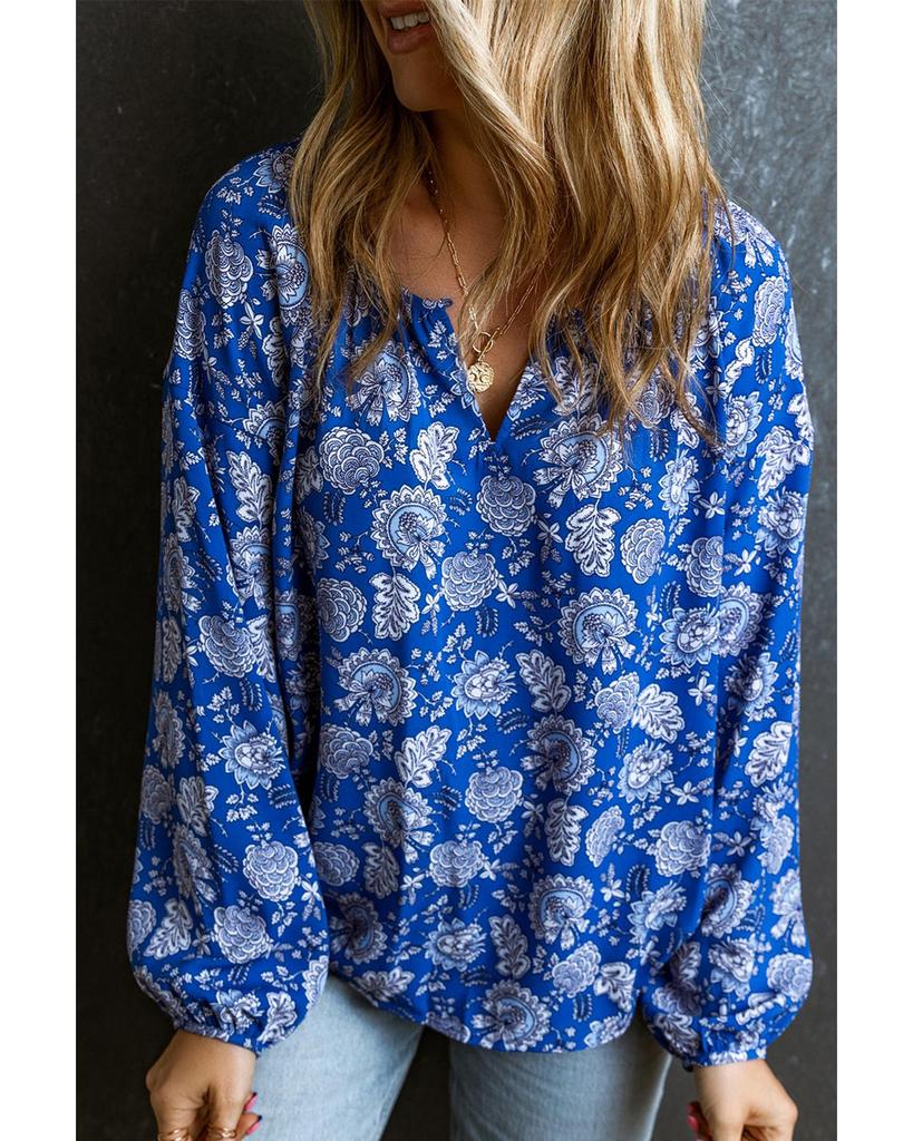 Azura Exchange Blue Floral Notched V-Neck Long Sleeve Blouse