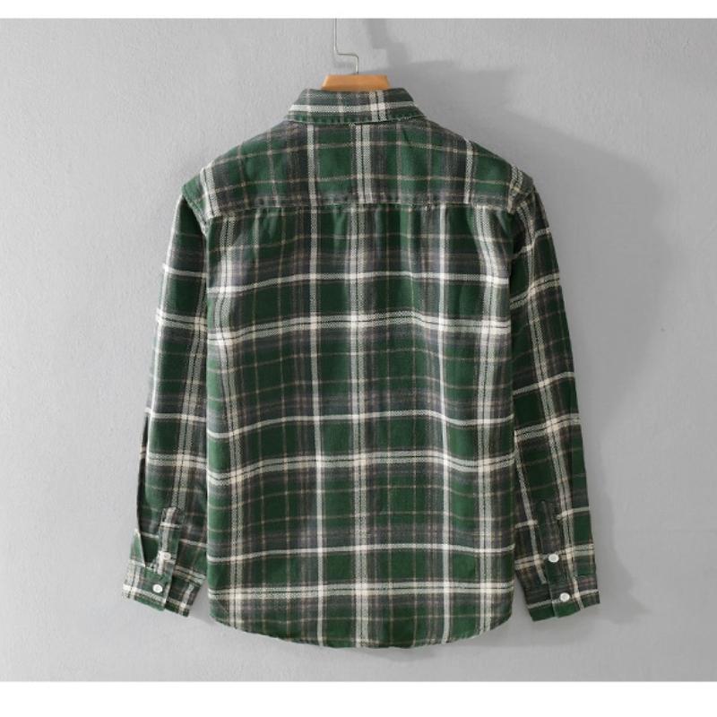 Рубашка в клетку с длинным рукавом в японском стиле для мужчин, весна-осень, повседневная мужская рубашка с карманом и отложным воротником, 100% хлопок, на пуговицах