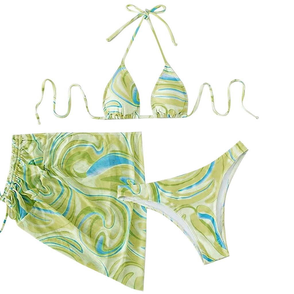 Женский летний модный сексуальный фактурный принт с открытой спиной и шнуровкой на талии, плиссированный завязывающийся бикини, купальник из трех частей