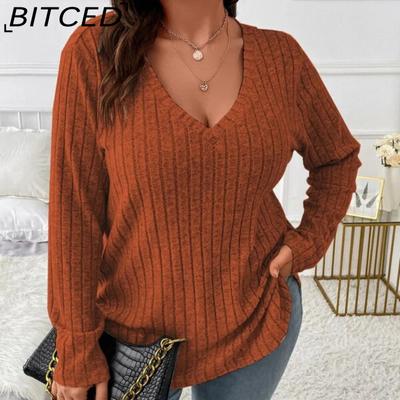 Осенне-зимние однотонные женские топы больших размеров с V-образным вырезом и длинными рукавами в полоску, износостойкая футболка, свободный пуловер