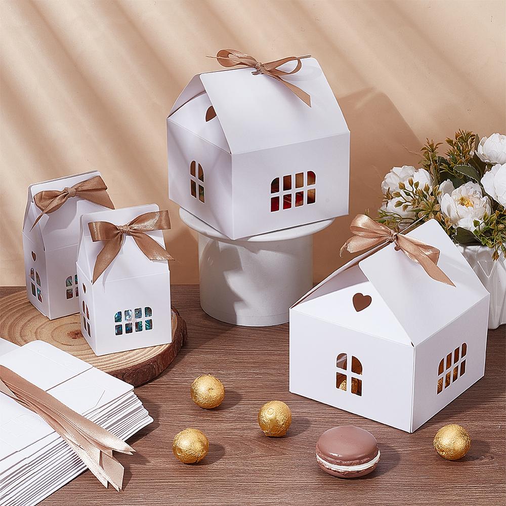 20 Bags 3 Styles House Shaped Kraft Paper Folding Gift Candy Boxes with Hollow Window and Ribbon White 12.5x12.5x13.5cm